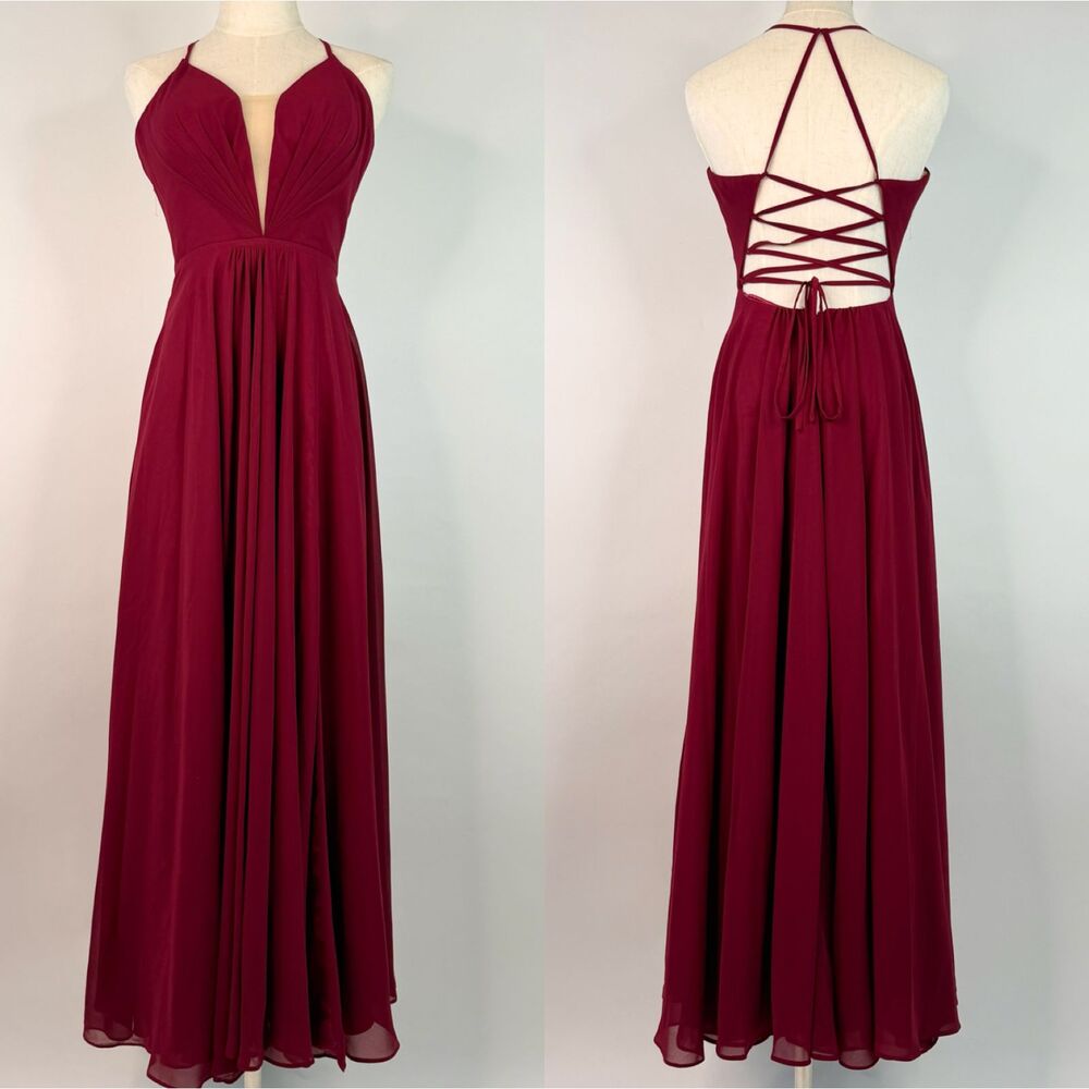 Vintage Faviana Burgundy Chiffon Halter Dress w/ Lace Up Back Fairy Prom Size 0